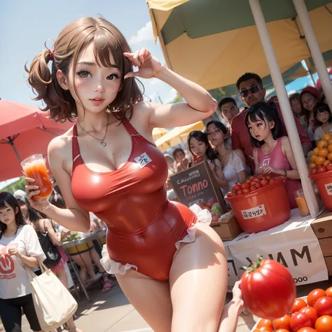 Female idol covered in tomatoes（Cute swimsuit、）、Looks fun、full body Esbian、、Tomato Festival