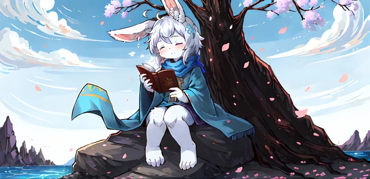 A white rabbit，Long blue scarf，long blue robes，flowing robe，is sitting on a rock，the sea，Close your eyes，Flowing scarf，clear blue skies，long bunny ears，Fluffy hair，long sleeves shirt，Shota，adolable，White color hair，Fluttering petals，k hd，Pubic area is clea...