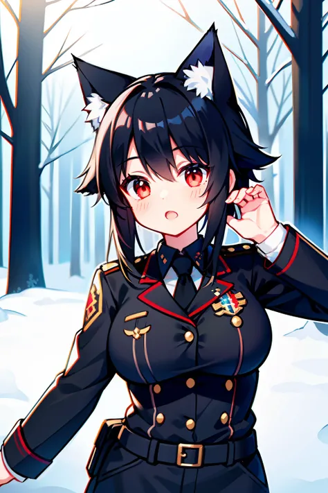 Snowy forest, Black hair, Cat ears, Cat girl, Red eyes, Officer uniform, , Germany, Black officer uniform，