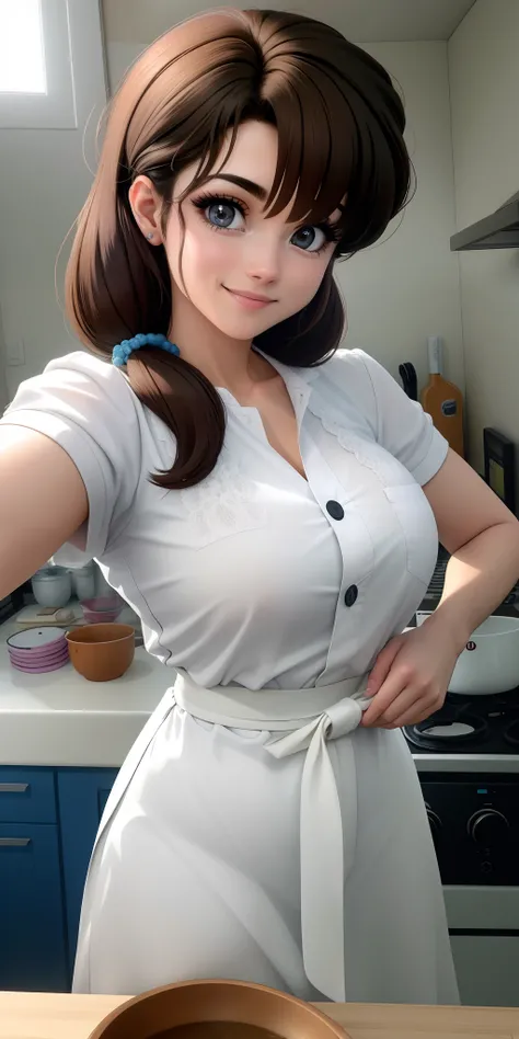 tendou_Kasumi, delantal_Blanco_Volante,solo delantal, delantal corto,En pie, solamente, senos grandes,, Obra maestra, La mejor calidad, Cara detallada, ojos detallados, Beautiful smiling woman, cara feliz,rubor,Altas Resoluciones,cara hiperrealista, ojos b...