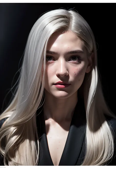 Surrealist portraits of women by David Hockney and Alphonse Mucha，photographrealistic，There are skin blemishes，poster for，Volumetriclighting，Very detailed faces，4 k，deep shading，low tune,(formal outfit:1.4),long whitr hair,silber hair,Platinum eyes