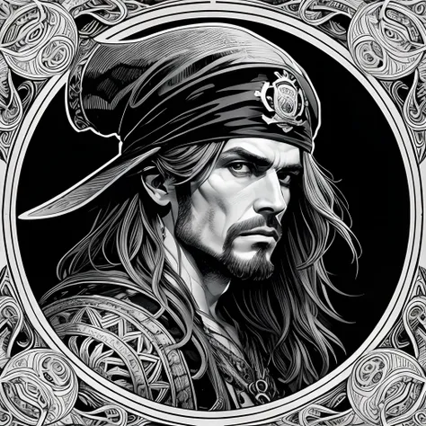 Centred potrait of a male Pirate, black and white, zentangle (best quality) ultra-detailed, fine line drawing, fine line art, coloring book illustration style, intricate linework, highly detailed illustration, perfect composition, beautiful and stunning, d...