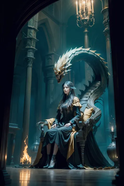 （a beautiful witch sits in front of the soniste fire dragon skeleton:1.4) ，gloomy castle，spooky and terrifying，the skull is on t...