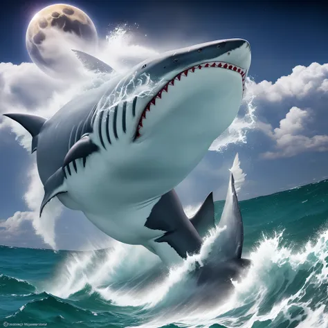 A great white shark, flying through the Milk Way