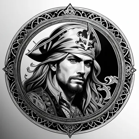 Centred potrait of a male Pirate, black and white, zentangle (best quality) ultra-detailed, fine line drawing, fine line art, coloring book illustration style, intricate linework, highly detailed illustration, perfect composition, beautiful and stunning, d...