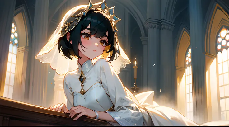 Original Characters、Volume Lighting、Best Shadows、Shallow depth of field、Portrait of an amazingly beautiful girl、Delicate beautiful attractive face with petite and seductive eyes、Woman in wedding dress in church、standingn、Sharp Eyebrows、Black Hair Shortcut ...