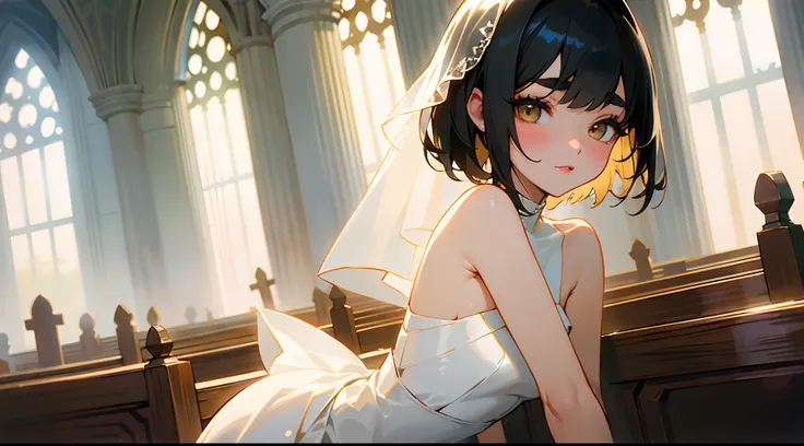 Original Characters、Volume Lighting、Best Shadows、Shallow depth of field、Portrait of an amazingly beautiful girl、Delicate beautiful attractive face with petite and seductive eyes、Woman in wedding dress in church、standingn、Sharp Eyebrows、Black Hair Shortcut ...