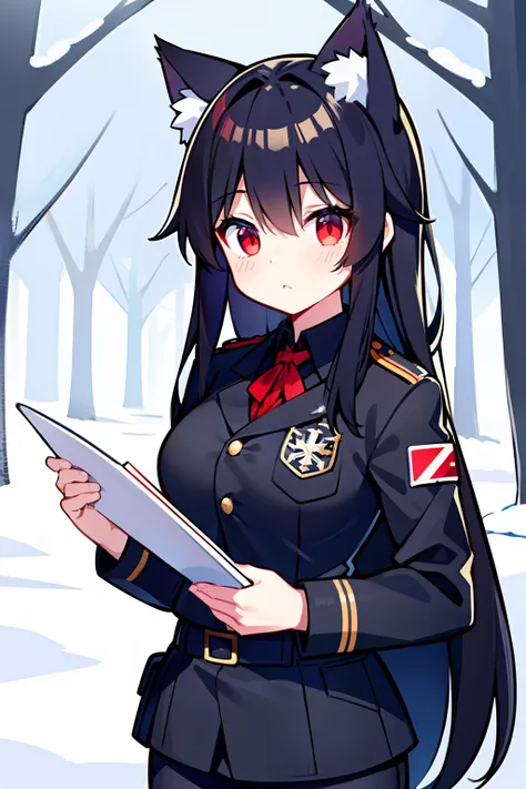 Snowy forest, Black hair, Cat ears, Cat girl, Red eyes, Officer uniform, , Germany, Black officer uniform，