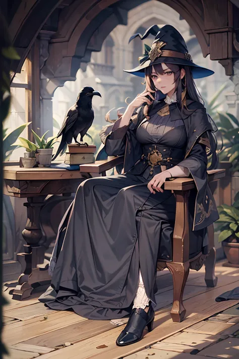 An old witch sits in a Kadilau chair in the background，She was holding a Soniste crow ，gloomy castle，solid color backdrop，clean backdrop，depth of fields，high light，Real light，Ray traching，OC renderer，UE5 renderer，Hyper-realistic，best qualtiy，8K，Works of ma...