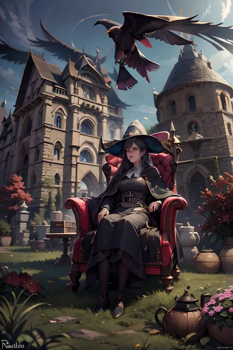 an old witch sits in a kadilau chair in the background，she was holding a soniste crow ，gloomy castle，solid color backdrop，clean ...