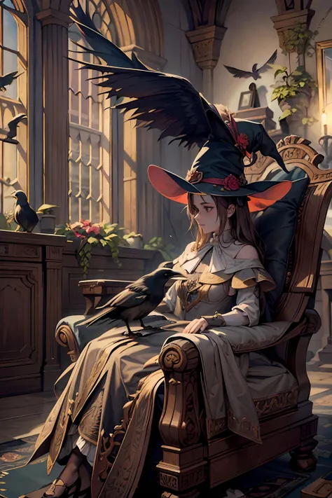 an old witch sits in a kadilau chair in the background，she was holding a soniste crow ，gloomy castle，solid color backdrop，clean ...