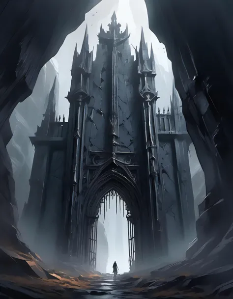 a massive, gothic gate looming ominously, seemingly carved directly into a sheer cliff face, ethereal, otherworldly light seeps from the countless cracks and crevices, casting an eerie glow upon the desolate landscape of jagged rocks and bleak skies that s...