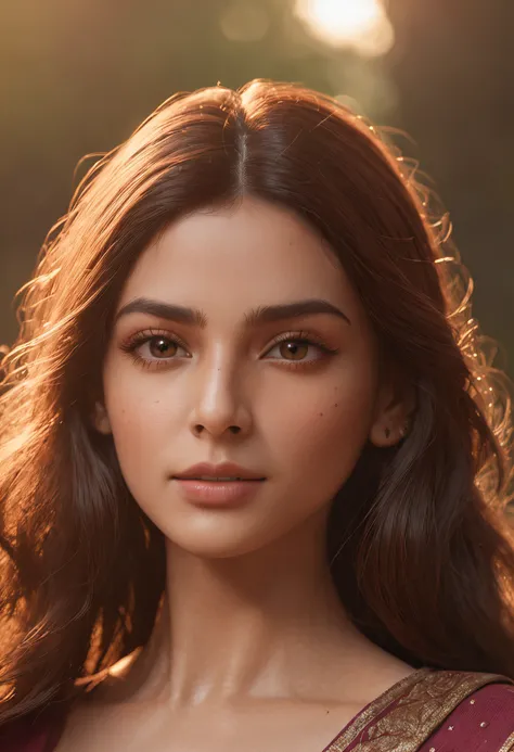 an ultra realistic  shot of a very beautiful Indian modern woman with gorgeous brown hair posing for a picture, extremely detailed and clear facial features, realistic barbie doll,  realistic anime art style, The color palette consists of warm, golden tone...