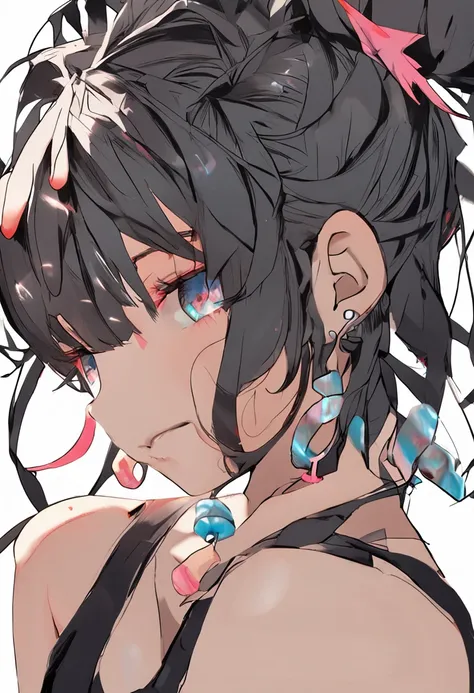 black hair, hair bobbles, wince, longeyelashes, solid circle eyes, fake animal ears, light smile, ear blush, fang, Surrealism, drop shadow, anaglyph, stereogram, tachi-e, pov, atmospheric perspective, 8k, super detail, ccurate, best quality