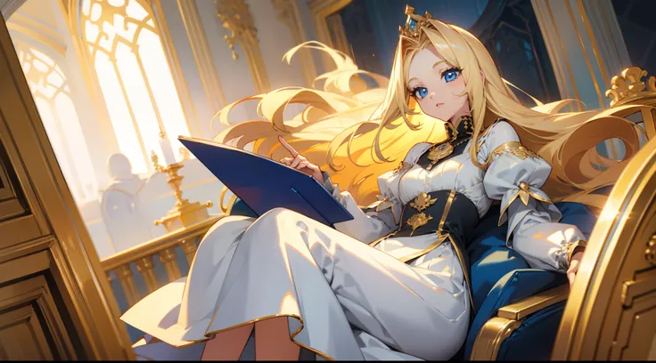 blonde with blue eyes，royal，teens girl，Luxury，long whitr hair，nobles，gold