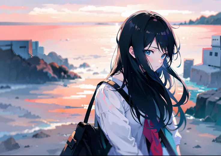 Draw a woman walking on the beach with a backpack on her back, anime girl profile, Anime girl with long hair, anime girl desktop background, 4k manga wallpapers, Makoto Shinkais style, makoto shinkai art style, Makoto shinkai style, a beautiful anime portr...