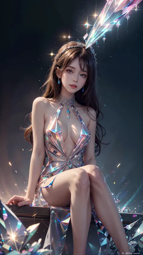 ultra hd, 8k quality, a girl, happy, very long hair, setailed eyes, glossy lips, rainbow Crystal dress, rainbow dress, colorful crystals, reflecting lights on crystals, spreading lights, sitting pose, whole body capture,