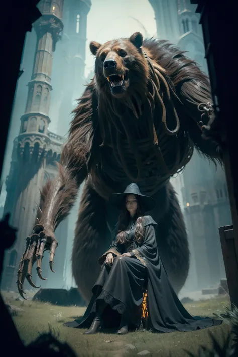 （A beautiful witch sits in front of a super giant bear skeleton:1.4) ，gloomy castle，Spooky and terrifying，The skull is on the ground，depth of fields，high light，Real light，Ray traching，OC renderer，UE5 renderer，Hyper-realistic，best qualtiy，8K，Works of master...