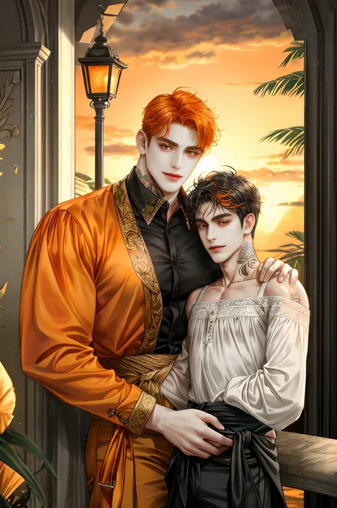 2 homosexual men, Mafia costumes from Italy, Black hair tattoo, sharp face. Cute Man 2. Cute orange-haired man, off-shoulder shirt. Dark orange eyes, Warm sunshine at sunset, bicycle, open legs, trousers, Different heights, Hands wrapped around waist.. s b...