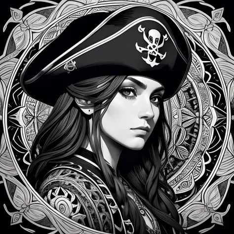 Centred potrait of a male Pirate, black and white, zentangle (best quality) ultra-detailed, fine line drawing, fine line art, coloring book illustration style, intricate linework, highly detailed illustration, perfect composition, beautiful and stunning, d...