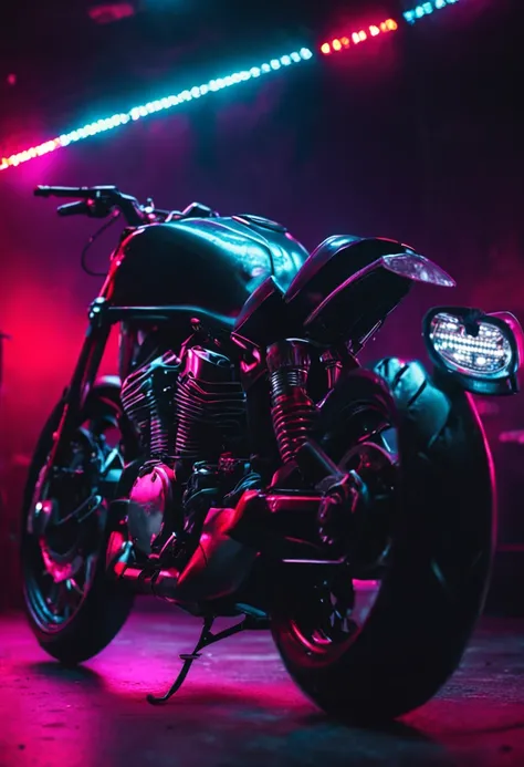 neon background, on stage, darkside, motobike