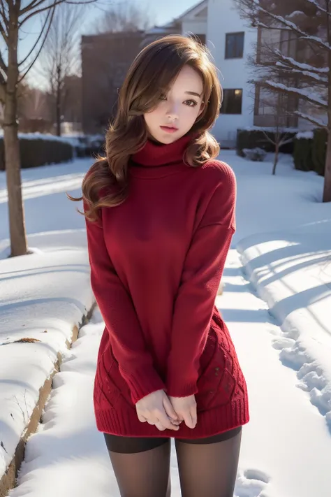 winters，snow landscape，beautiful teenage girl，lacepantyhose，red，long sweater，围巾，depth of fields，real light，ray traching，oc rende...