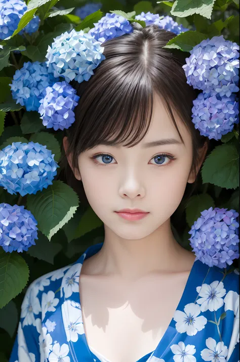 ((Masterpiece, Top Quality, Ultra Definition, High Definition)), Solo, Beautiful Girl, Shining Eyes, Perfect Eyes, Odd Eye, 16 years old, Blue theme, Yukata, Hydrangea