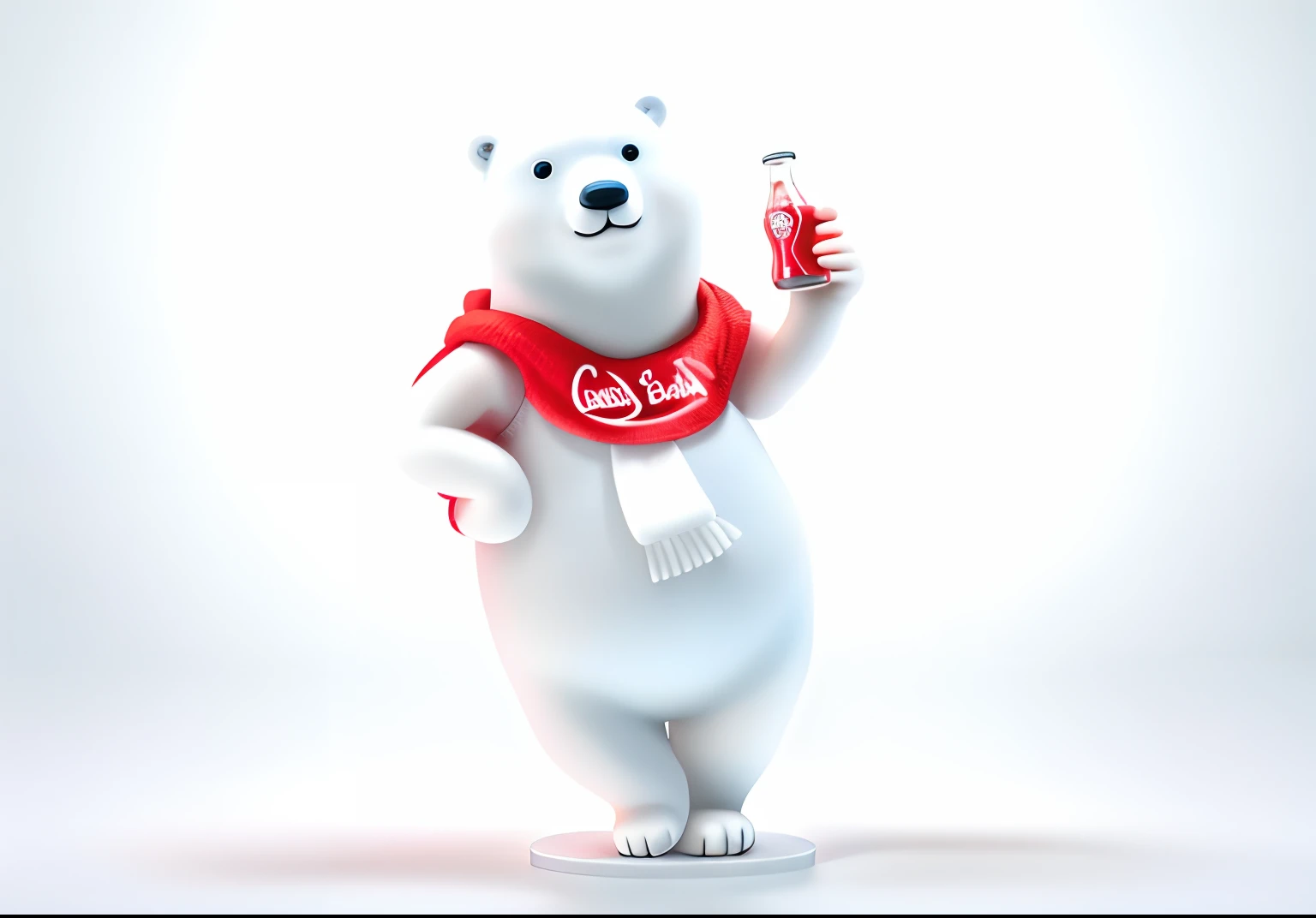 Polar bear character in blind box style，adolable、full bodyesbian。Coca-Cola glass bottle in hand，Bend and lean with your right hand，The right leg is bent。clean backdrop，natural soft light，8K，best qualtiy，hyper-detailing，3D，C4D，Blender，OC renderer，hyper HD，3...