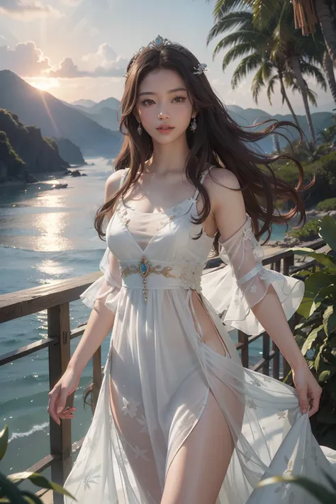 ((top-quality、tmasterpiece、photographrealistic:1.4、8K))、Beautuful Women、brown haired girls、Delicate and beautiful face、Princess of Asian countries、（Summer sheer luxury dress）、（The princess frolicks on a beautiful tropical beach）、laughing joyfully、Sixteen y...