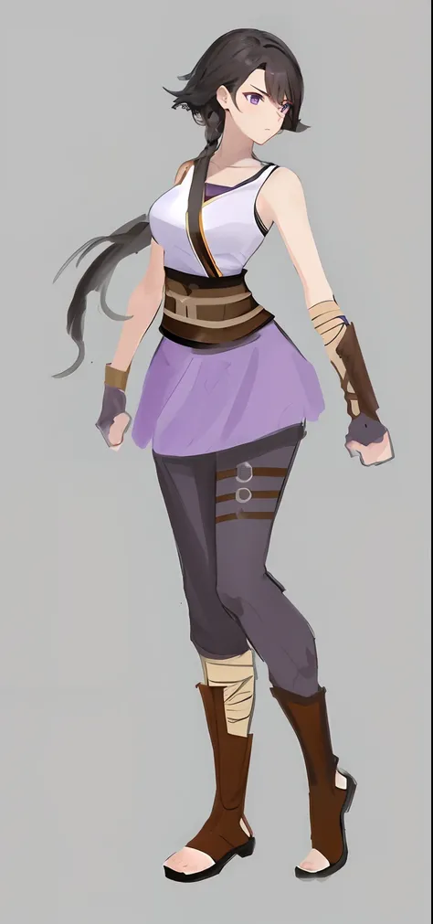 Female warrior in purple dress，Brown leather armor，Gray trousers，Good-looking dynamics，quadratic element，k hd，4k画质