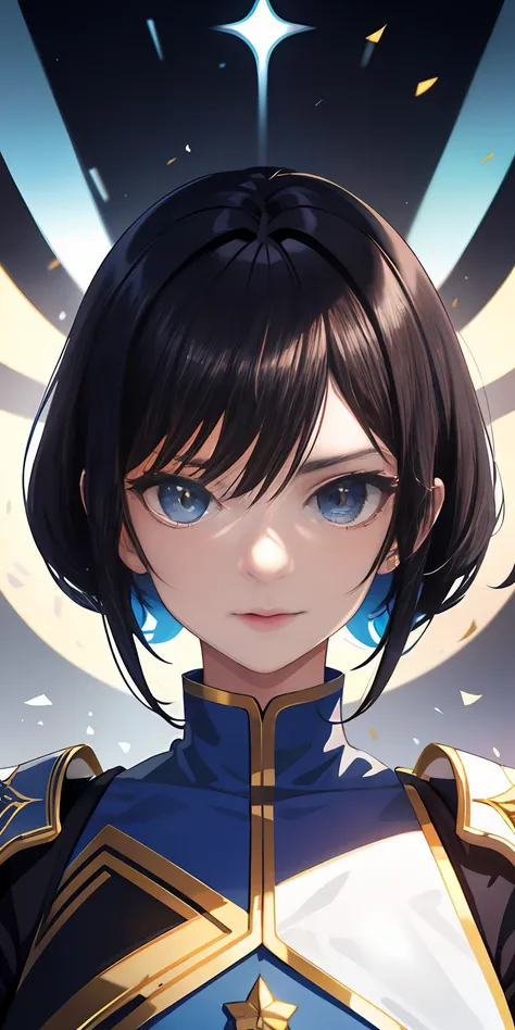 tmasterpiece,Top image quality,hyper-high detail,highest details,Fine face,Cinematic light and shadow,Super fine,one-girl,blue uniforms，red color eyes，with short black hair，Blue sky background，full bodyesbian