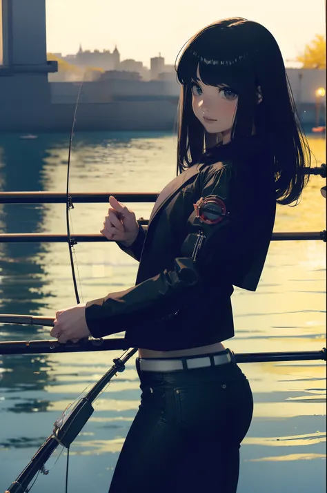 ((((having a fishing rod with a reel by the lakeside:1.5)))),((Female 28 years old)),((Best Quality:1.5)),(((Hands with the correct number and structure of fingers:1.4))),((Big fish:1.37)),hight resolution,ultra-detailliert,​masterpiece,best qualtiy,(Eight...