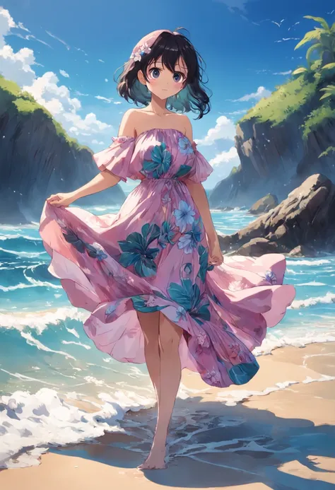 there is a woman walking in the water on the beach, wearing a hawaiian dress, elegant tropical prints, photoshoot, at a tropical beach, tropical style, on the ocean water, posing on a beach with the ocean, wearing in a summer dress, sundress, tube-top dres...