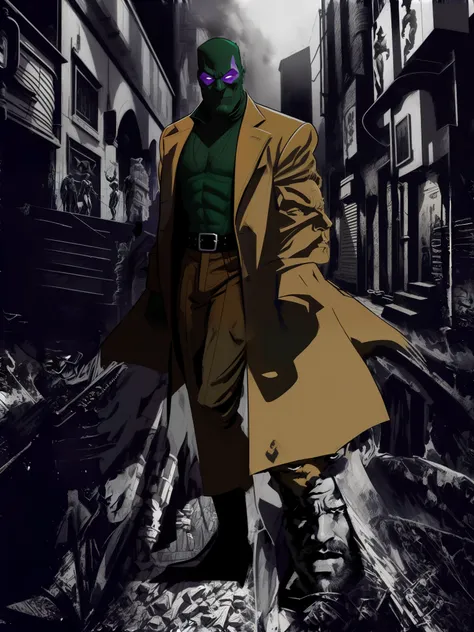 inspirado por Joseph Clement Coll, inspirado em John F. Quinto, inspirado em Frank Miller, inspirado em Paul Kane, desenhado em um estilo neo - noir, dark supervillain, Estilo Frank Miller, inspirado em Stan Stokes, Shrek como Neo de Matrix, Rorschach, ins...