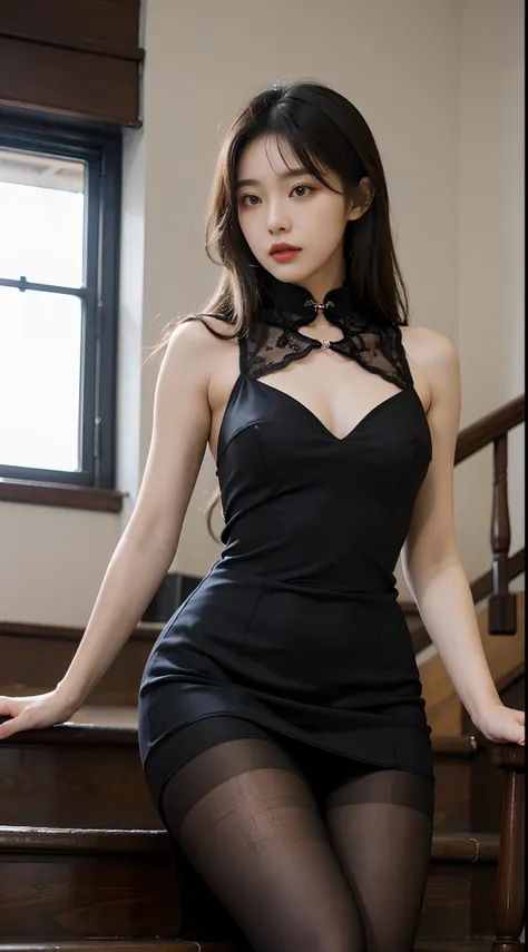 (8K,tmasterpiece,RAW photos,best qualtiy,the detail:1.2),Korean female model，Height 175 cm，perfect bodies，Long legs，wavy and long hair，Arad woman in black dress and high heels poses on stairs, Sexy dress, Gorgeous young Korean woman, beautiful Korean women...