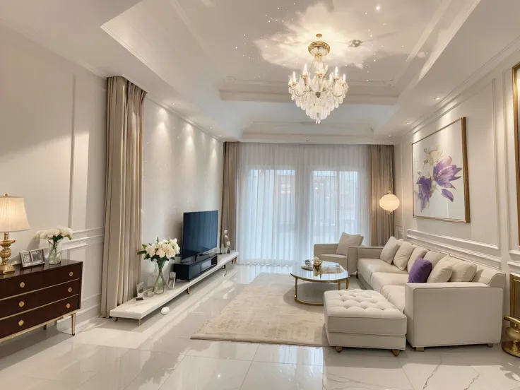 ，masterpiece, best quality，8k, ultra highres，Reallightandshadow，Luxury and romance blend perfectly in this duplex suite。Step into the living room，Youll be blown away by the high ceilings and airy floor-to-ceiling windows。looking around a corner，The ornate ...