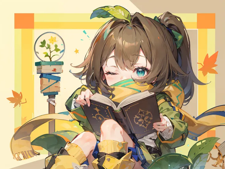 1girll，Brown diagonal ponytail，With his eyes closed，leaf on head，Green coat，Yellow scarf，The magic book in hand，Glowing potted plant next to it，Ray traching，Dramaticlight，（solo person），sitted