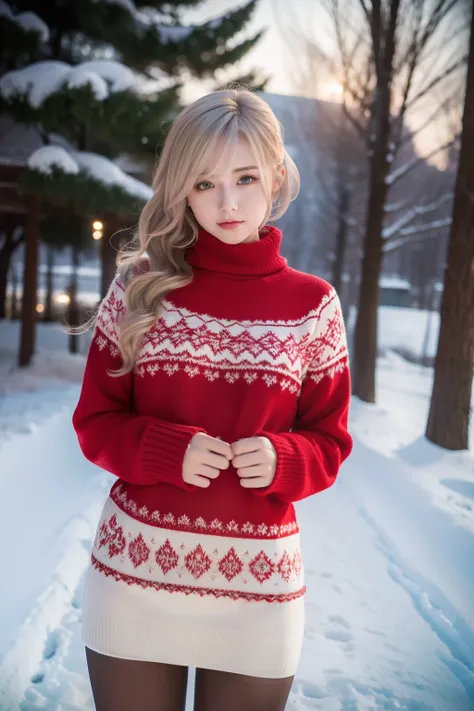 winters，snow landscape，beautiful teenage girl，lacepantyhose，red，long sweater，围巾，depth of fields，real light，ray traching，oc rende...