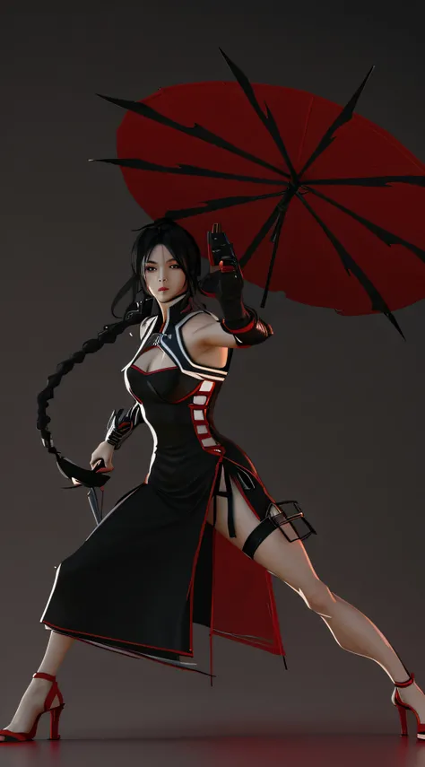 Female character with red umbrella and black hair，fighting game character, one color background，full bodyesbian，Realisticstyle，3d character，style is a blend of æon flux, kunoichi, Akali, Katana Zero video game character, in a mixed style of æon flux, nezha...