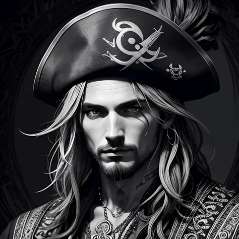 Centred potrait of a male Pirate, black and white, zentangle (best quality) ultra-detailed, fine line drawing, fine line art, coloring book illustration style, intricate linework, highly detailed illustration, perfect composition, beautiful and stunning, d...