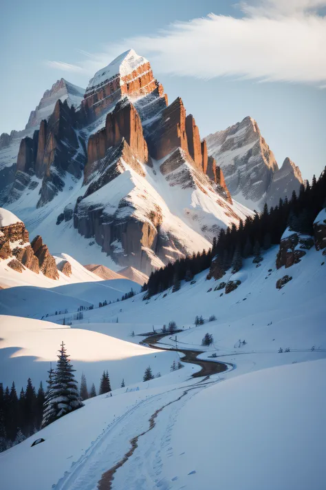 There is a snow-capped mountain range，A snow-capped mountain, alps,  dolomites, Snowy mountains, Snowy mountain background, dolomites in background, Inspired by Karel Wielink, author：Cedric Peraverne, in the dolomites, dolomites in background, in the swiss...