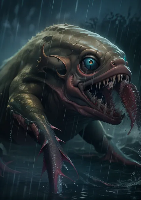 Heavy rain weather，dark stormy clouds，Stormy，downpours，salama，Mutant organisms，Animal variation caused by water pollution，Contaminated marine life，deep sea monster，Mutant fish，Realistic scenes，ultraclear，Lots of detail