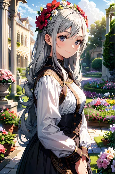 absurderes, A high resolution, (offcial art, Beautiful and aesthetic:1.2), (Close view:1.2), front composition, 
1girll, (Long hair:1.2), Gray hair, Wavy hair, Smile, 
(Spread throughout the garden:1.6), (flower effect:1.2), (florest background:1.2), (Back...