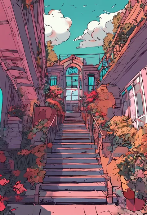 In a cemetery，There was a woman，she stand on balcony 。Anime-style lines，Exaggerated colors。