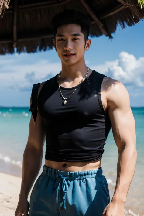 realistic, (masterpiece, top quality, best quality, official art), very detailed, colorful, most detailed, god, short hair, black hair, handsome man, sea, necklace, beach, pectoral, abs, brown skin, blue eyes, handsome smile, muscular, ((wide shoulders nar...