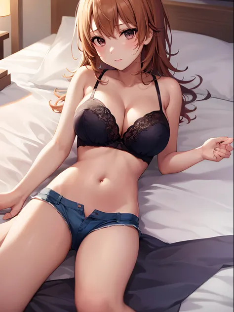 (Top Quality, 8K, masutepiece: 1.3)), Beauty, 1 girl, Beautiful: 1.3, A slender : 1.1, Beautiful lighting, Blue shorts, (Bra), (cleavage), Looking at Viewer, (lying on the bed),(Iroha Isshiki:1.3)