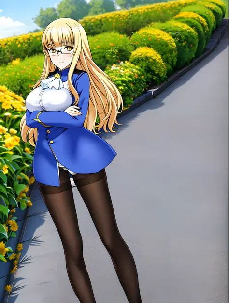 Perrine , solo , full body , blonde hair , glasses , yellow eyes , uniform , black pantyhose , white ascot , no pants , panties under pantyhose , crossed arms , white shirt , garden background with fancy flower border ,