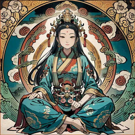 an ancient Chinese goddess, guanyin of the southern seas, Guanyin, Inspired by India, Avalokiteshvara rides a lion，,Serene expression,shui mo hua,Buddha,Buddhist,Lotus,Chinese painting style,Thangka style