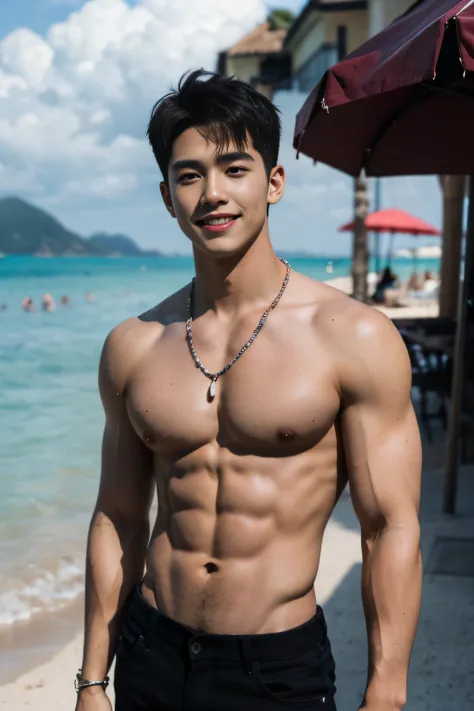 realistic, (masterpiece, top quality, best quality, official art), very detailed, colorful, most detailed, god, short hair, black hair, handsome man, sea, necklace, beach, pectoral, abs, brown skin, blue eyes, handsome smile, muscular, ((wide shoulders nar...