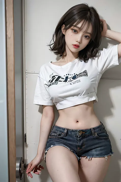 top image quality、raw photography、超a high resolution、cute girl at 18 years old、for one person only、round chest、t-shirt、black  sh...